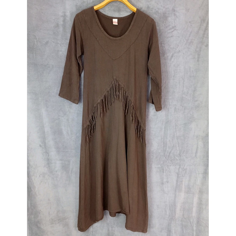 Maria de‎ Guadalajara Dress Fringe Mexico Brown Small Lagenlook Artsy Boho Loose
